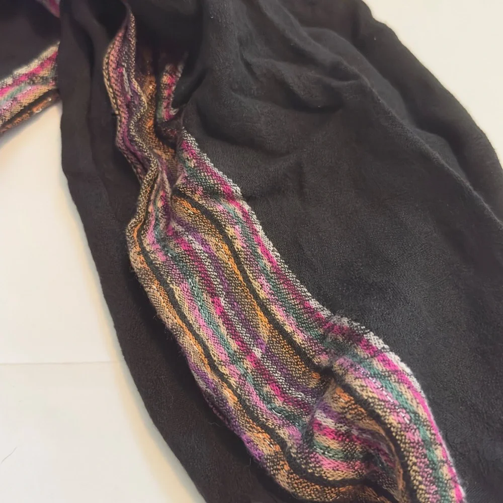 Cejon Black Viscose Scarf Multi Color Metallic Striped Border Fringe Wrap India